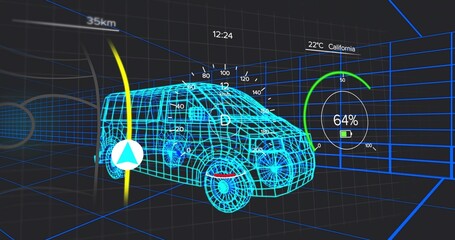 Showing cyan wireframe vehicle model navigating virtual 3D grid, with speedometer and yellow route