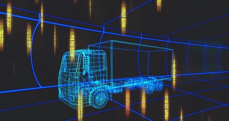 Gliding wireframe semi-truck trailer through neon-blue grid corridor, showing golden light panels