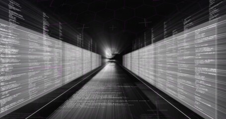 Glowing virtual tunnel showing streaming code panels on walls, floor with hexagon grid ceiling