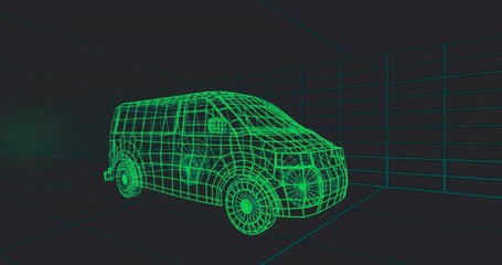 Displaying neon green wireframe van model in 3D modeling workspace, with teal grid lines