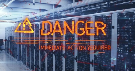 Displaying orange warning overlay covering rack aisle in data center, with network cables