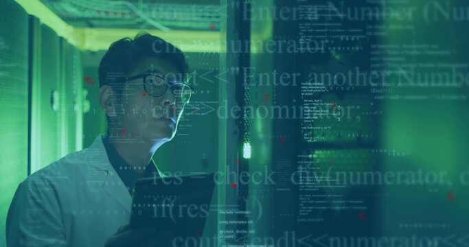 Inspecting technician in lab coat with tablet by racks in server aisle, floating code, copy space