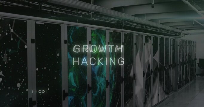 Showing server cabinets featuring stylized GROWTH HACKING overlay in data center, with code 11001