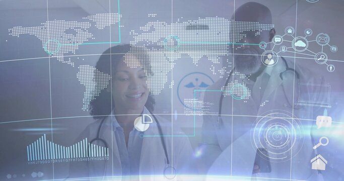 Medical professionals analyzing holographic world map display in research lab with stethoscopes