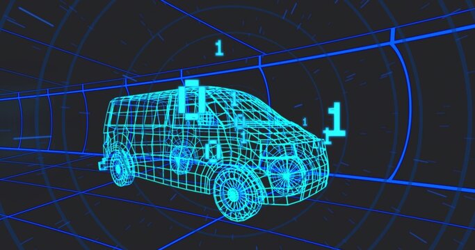 Rotating neon-blue wireframe van model hovering in grid tunnel, with floating numeric 1 markers