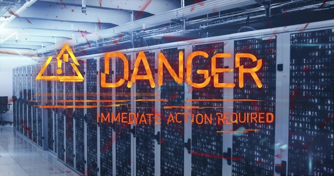 Displaying orange warning overlay covering rack aisle in data center, with network cables - Powered by Adobe