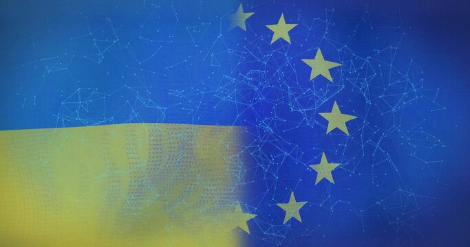 Naklejki Merging stylized Ukrainian and EU flag fields in digital graphic space, with yellow EU stars