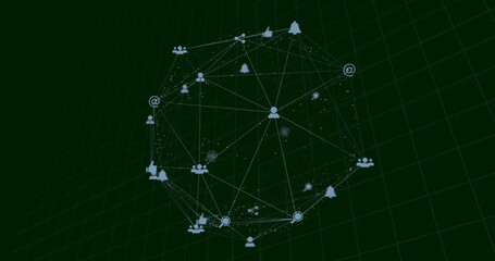 Obraz premium Displaying spherical network graph emerging in virtual grid, with light blue nodes and media icons