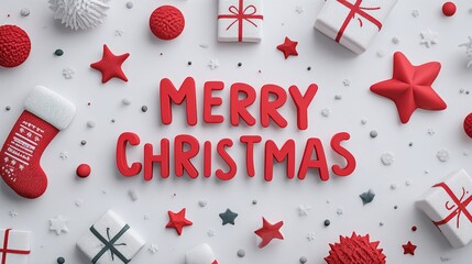 Festive holiday composition, the message of Merry Christmas is written with 3D letters, surrounded by Christmas-themed ornaments, creating a joyful, festive and inviting visual. Merry Christmas Banner