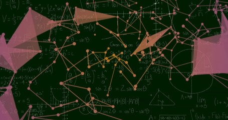 Displaying abstract network graph with colored nodes translucent polygons over math board