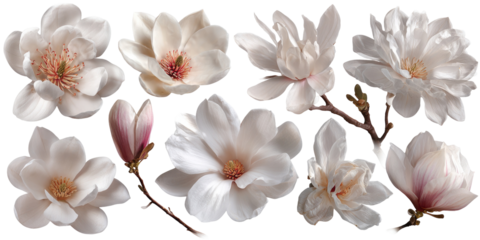 Delicate, ivory-white magnolia blossoms in close-up