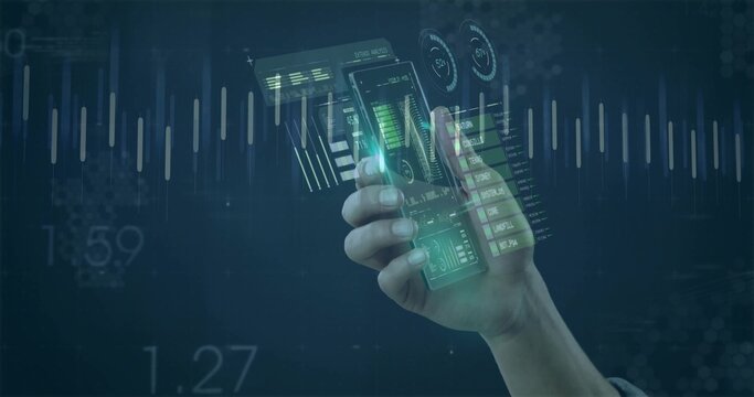 Gripping smartphone projecting translucent holographic panels in AR workspace, data visualization