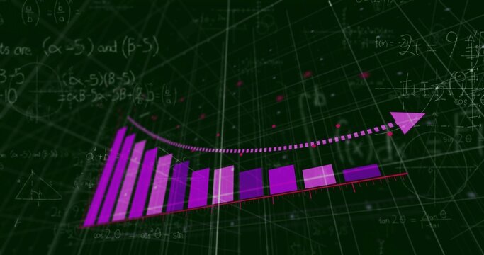 Displaying stylized purple bar chart rising in analytic space, with dotted arrow and equations