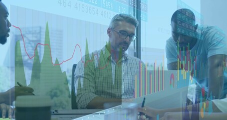 Analyzing financial data senior analyst reviewing on laptop in modern office, with stock overlay