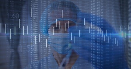 Reviewing female doctor analyzing candlestick charts in clinic hallway, with digital data streams