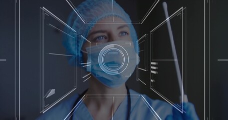 Clinician in surgical attire examining nasal swab and viewing HUD graphics in lab with stethoscope © vectorfusionart