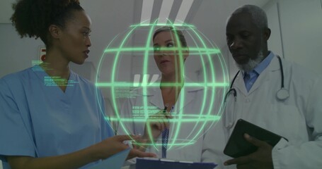 Medical team consulting green hologram in clinic corridor, with clipboard pen tablet stethoscopes