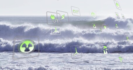 Floating translucent wind turbine, recycling and electric plug icons drifting above waves under sky