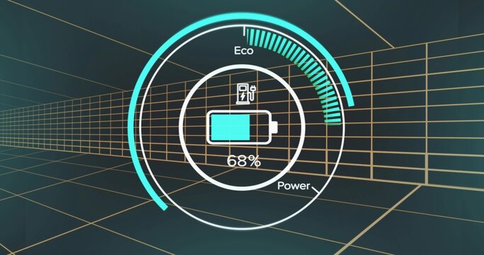 Circular gauge UI showing 68% battery charging in digital wireframe corridor with Eco Power labels