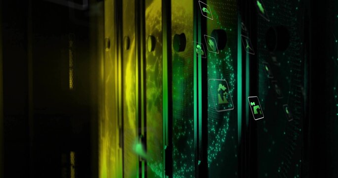 Illuminating server cabinets glowing in data center aisle, with holographic icons, particle streams