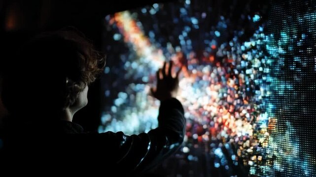 Medium shot of a person engaging with a touchsensitive display to manipulate and explore multidimensional big data visualizations for decisionmaking.