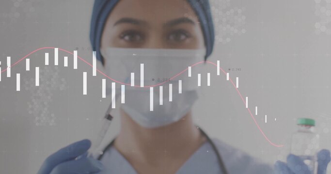 Female medical worker wearing scrubs and stethoscope holding syringe and vial in lab, chart overlay - Powered by Adobe