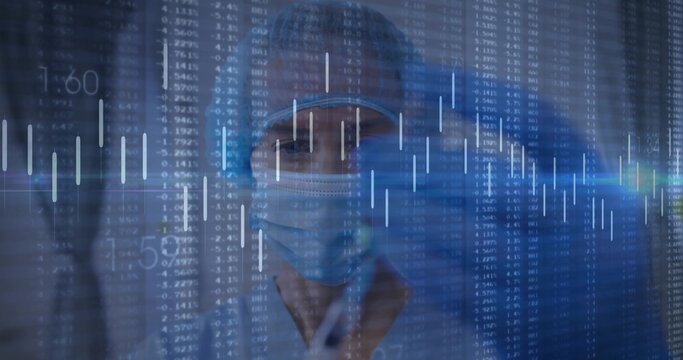 Reviewing female doctor analyzing candlestick charts in clinic hallway, with digital data streams