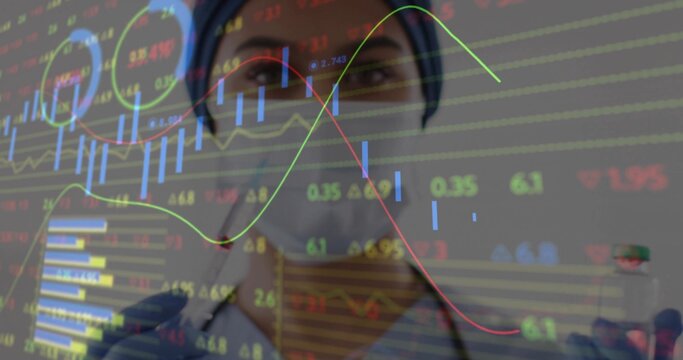 Analyzing nurse wearing blue surgical cap and mask monitoring market charts on digital panel in lab - Powered by Adobe