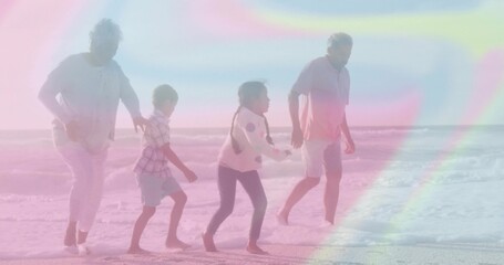 Walking senior grandparents and grandchildren along sandy shoreline, with calm ocean and clear sky