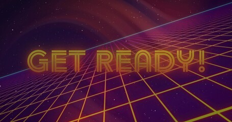 Floating golden GET READY! text hovering above neon wireframe grid, with cyan horizon line