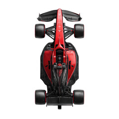 Obraz premium Top-down view of a racing car, predominantly red and black, with large, dark wheels. Aerodynamic design, complex chassis, and visible engine components