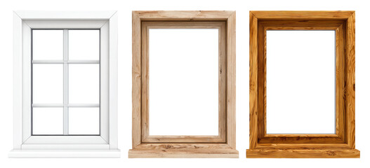 Three window frames, one white, one light brown, and one dark brown