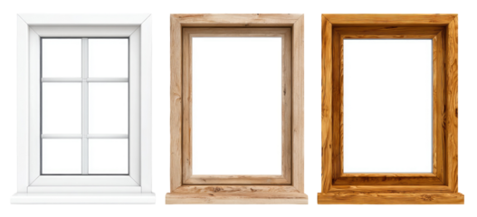 Three window frames, one white, one light brown, and one dark brown