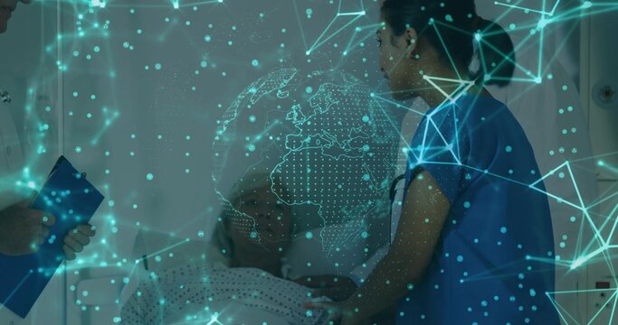 Attending doctor and nurse monitoring patient at hospital bedside, with holographic globe overlay - Powered by Adobe