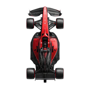 Top-down view of a racing car, predominantly red and black, with large, dark wheels.  Aerodynamic design, complex chassis, and visible engine components