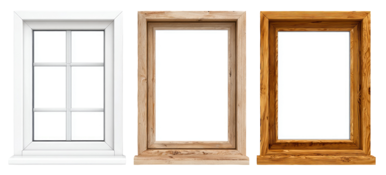 Three window frames, one white, one light brown, and one dark brown