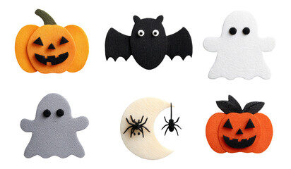 Fototapeta premium Cute Halloween Decorations with Pumpkin, Ghost, Bat, and Spider in Colorful Style