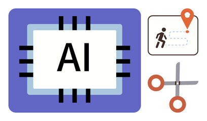AI chip with circuit lines, navigation map with person tracking and pin, scissors. Ideal for technology, innovation, artificial intelligence, mapping, direction, tasks creativity simple flat
