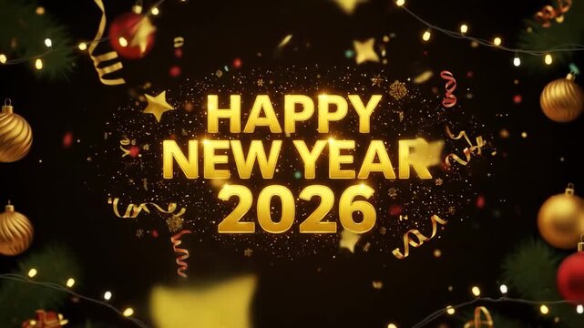 Happy New Year 2026 festive digital greeting with fireworks and glitter text celebration and holiday themed animated