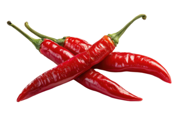 Close-up of three crossed, vibrant red chili peppers