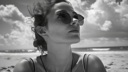 A woman wearing sunglasses enjoys her time on the sandy shoreline of a beach. - Powered by Adobe
