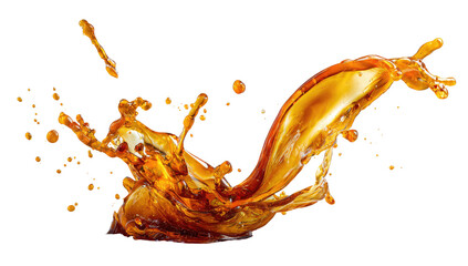 A dynamic splash of amber liquid, with droplets and a flowing arc