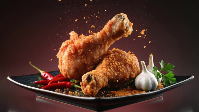Crispy fried chicken drumsticks sizzling with flavor, garnished with chili peppers and garlic in a restaurant setting