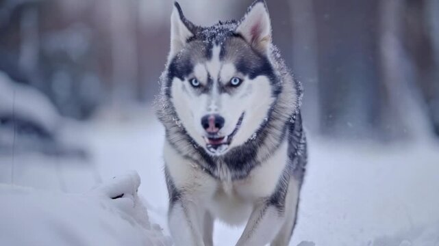 High-resolution  of a husky dog sprinting through the snowy landscape with its ears flapping and an intense expression.