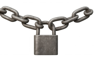 Padlock locking a strong metal chain, symbolizing security, protection, connection, and restriction. Object on transparency