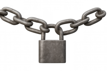Padlock locking a strong metal chain, symbolizing security, protection, connection, and restriction. Object on transparency