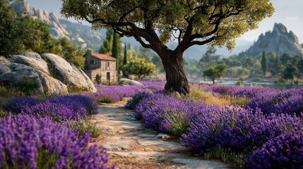 Lavender field path leading to small house