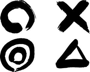 墨で書いた筆タッチの記号、丸：三角・バツ　ベクター