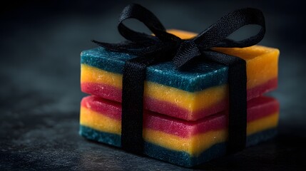 Stacked square candies with colorful layers are tied with black ribbon.