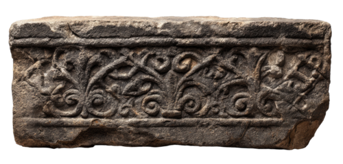 Ornate stone carving, likely a lintel or architectural element.  Intricate relief design of scrolling, floral, and vegetal patterns carved into a rectangular stone slab